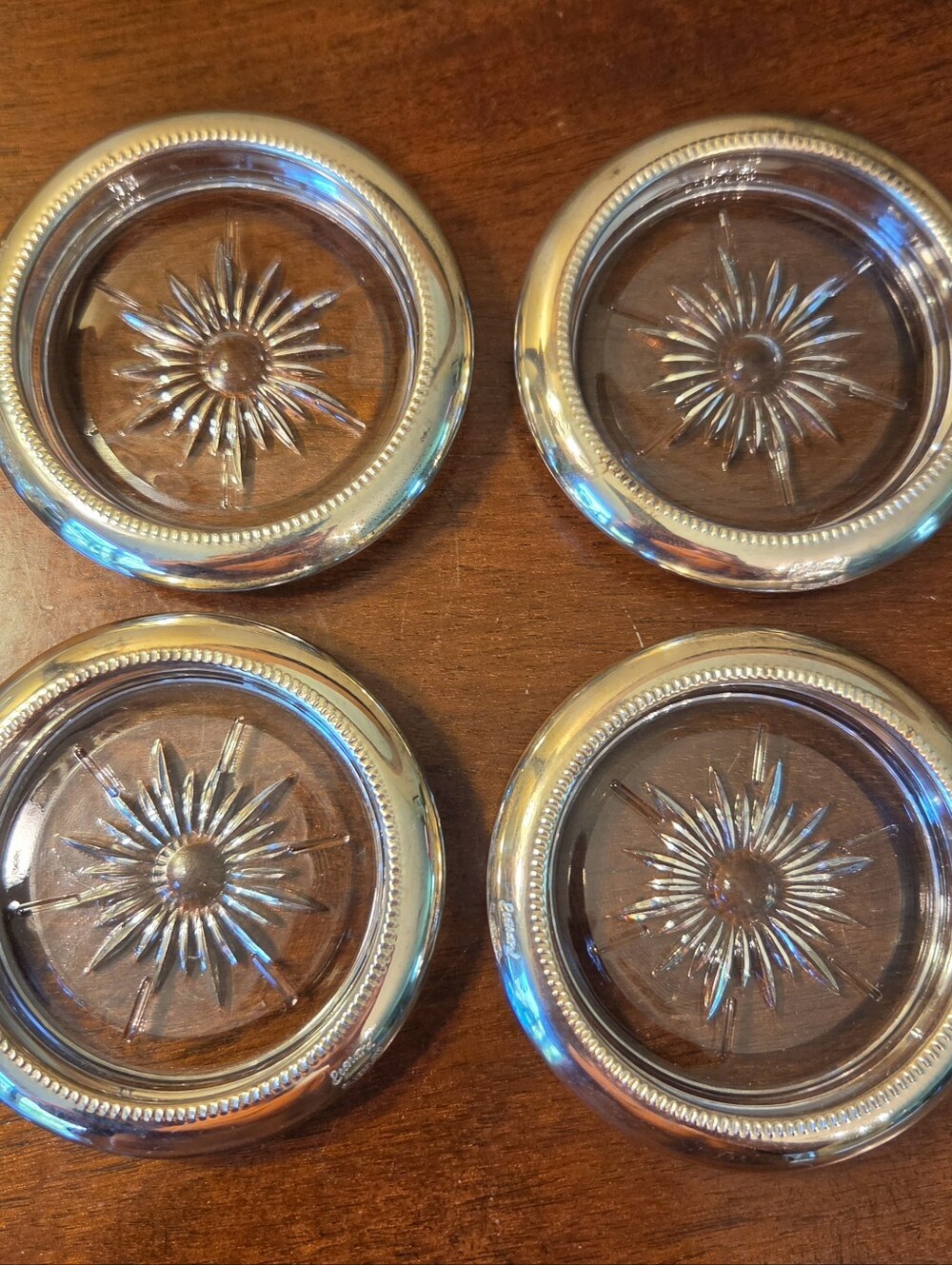 Set of 4 Vtg Leonard Italy Silverplate and Crystal Coasters Stackable Starbust